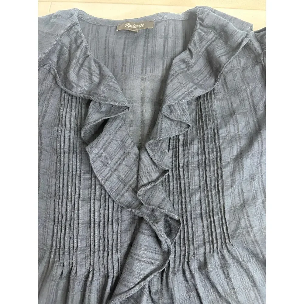 Madewell Ruffle Puff-Sleeve Peplum Top in Windowpane XXS Navy Preppy Romantic